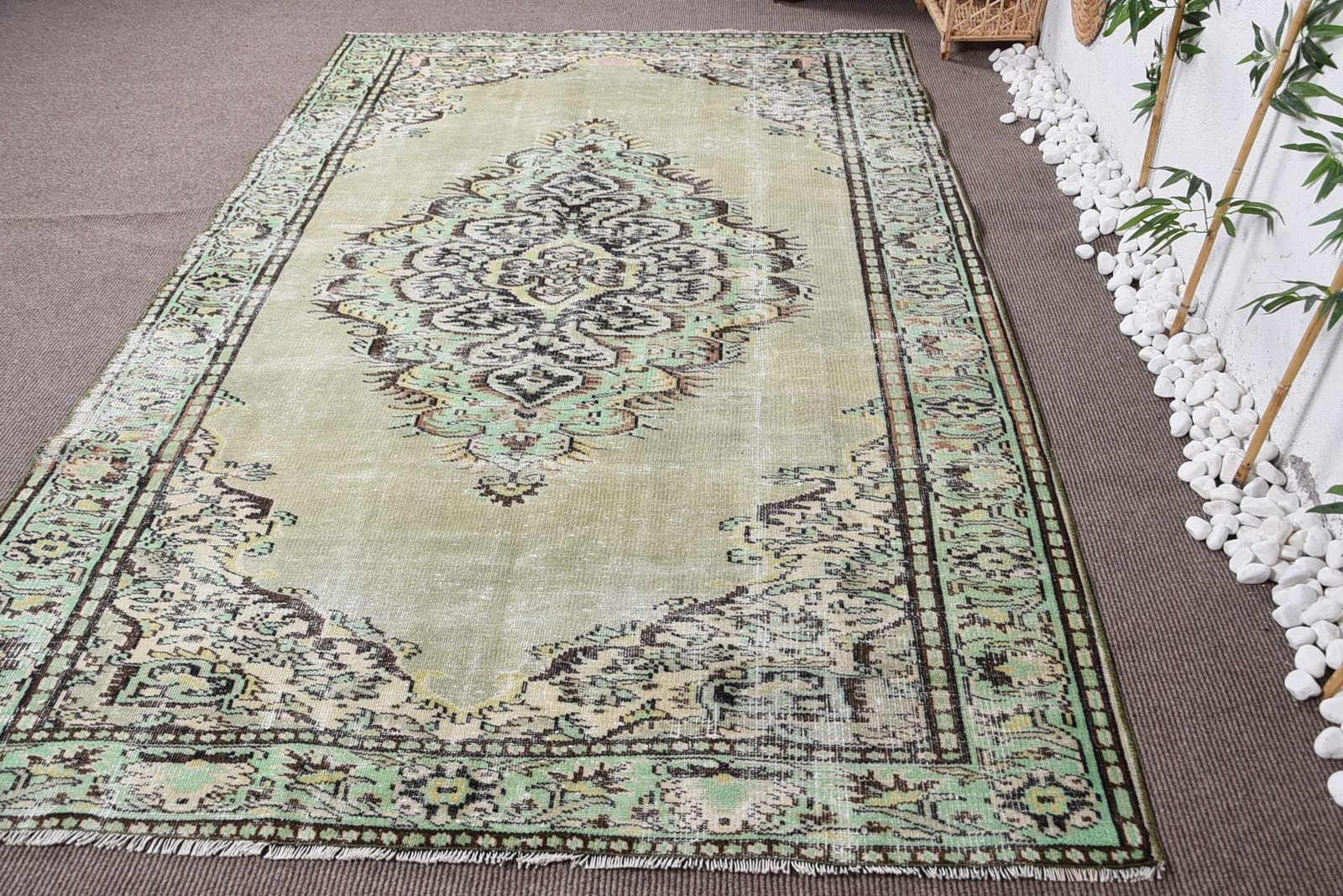Vintage Large Rug 6,1×9,7 ft, Turkish Green Striped Wool Rug