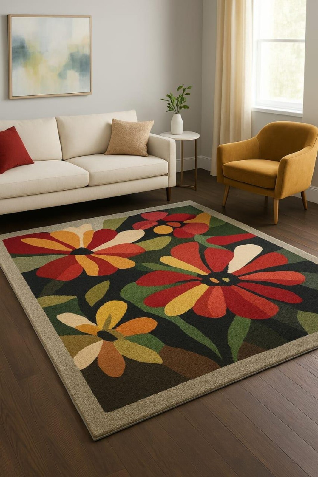 Mid-Century Modern Floral Hand-Tufted Wool Vibrant Red, Orange, Yellow