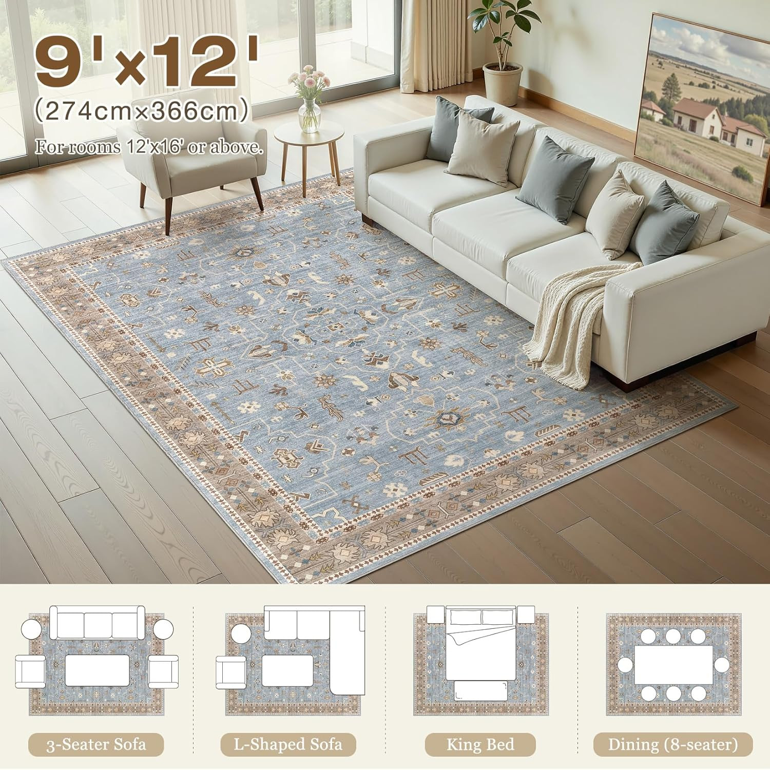 Vintage Blue & Brown 9×12 Area Rug – Washable Non-Slip Soft Carpet