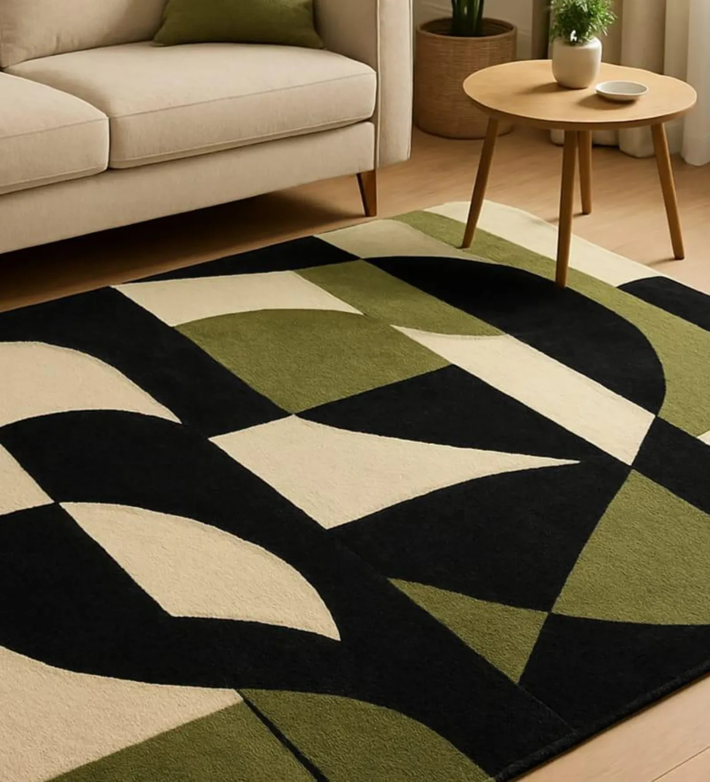 New Hand-Tufted Wool Rug: Modern Geometric Black, Green, and Beige Accent Carpet