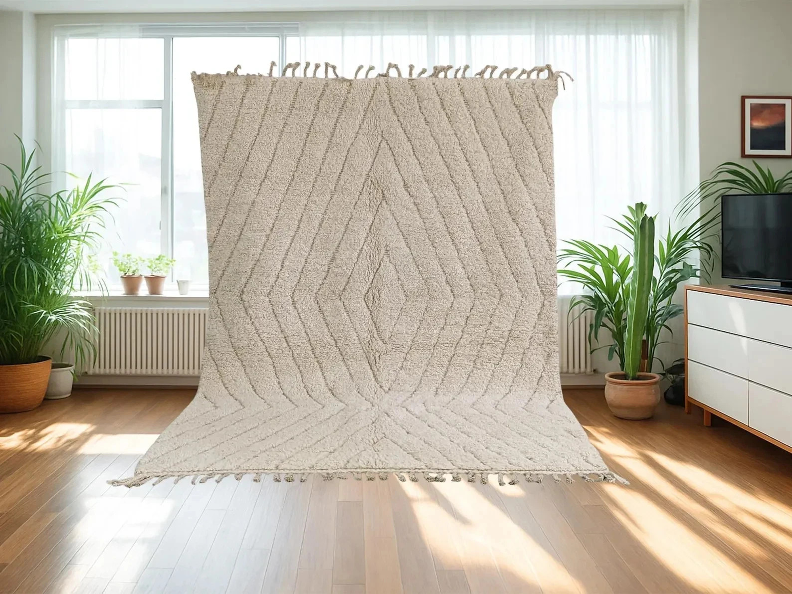 New Color Beige Moroccan Berber Beni Ourain Wool Rug Design Handmade Carpet Rug.