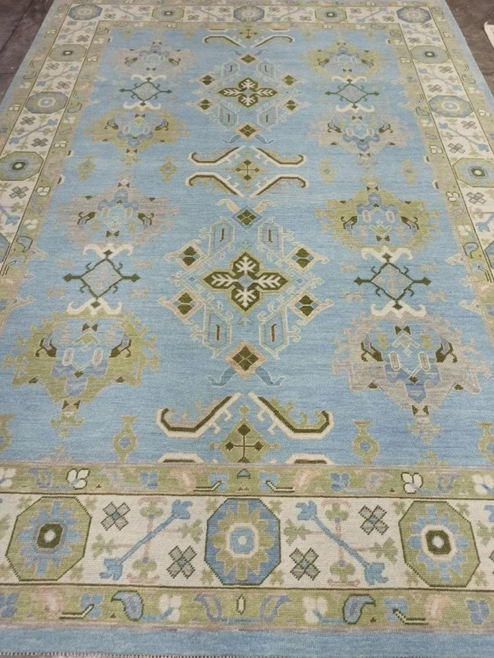 Hand Knotted Oushak Rug Sky Blue Ivory Wool Turkish Vintage Area Rug