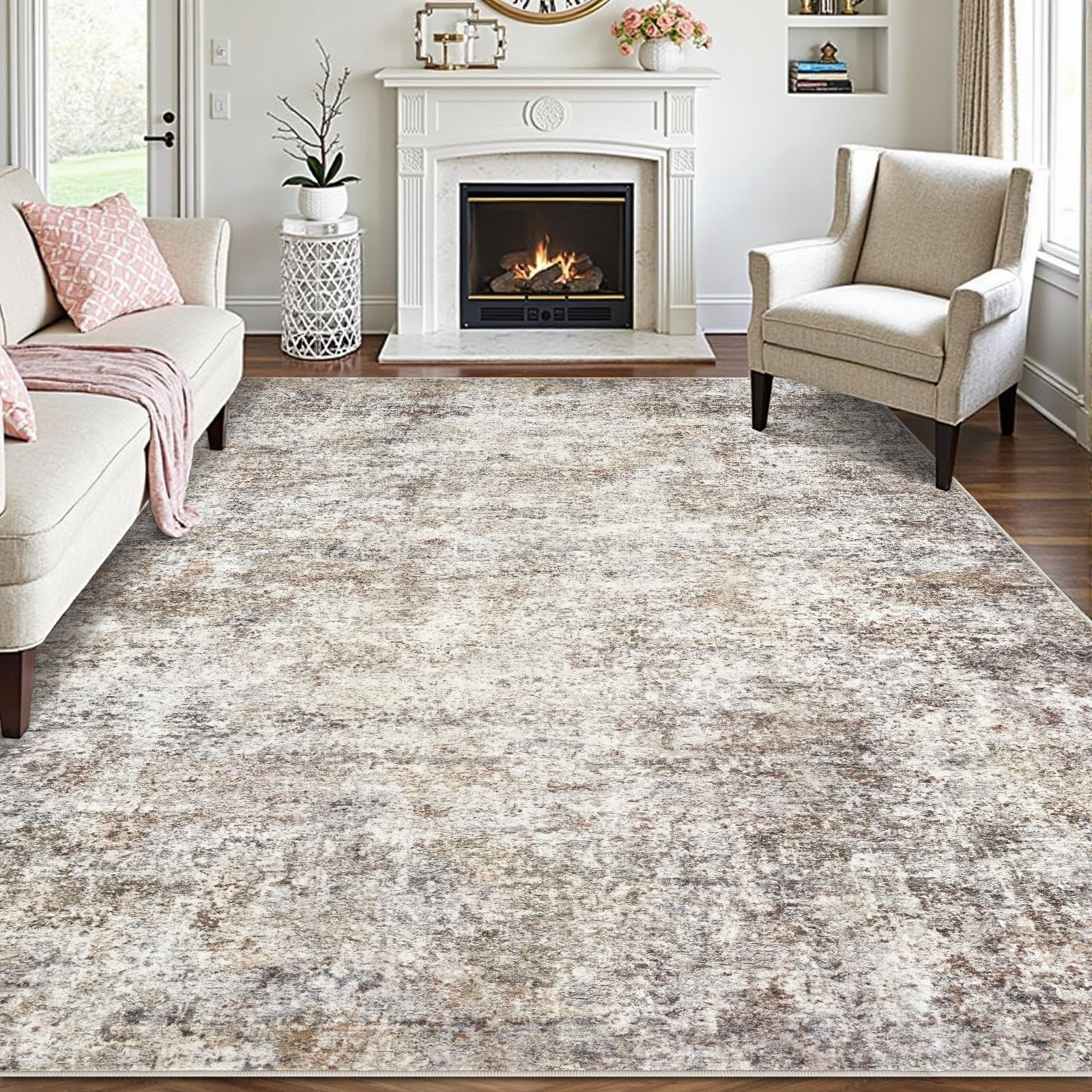 Area Rug 8×10 Washable Low Pile Neutral Abstract – Soft Indoor Living Room