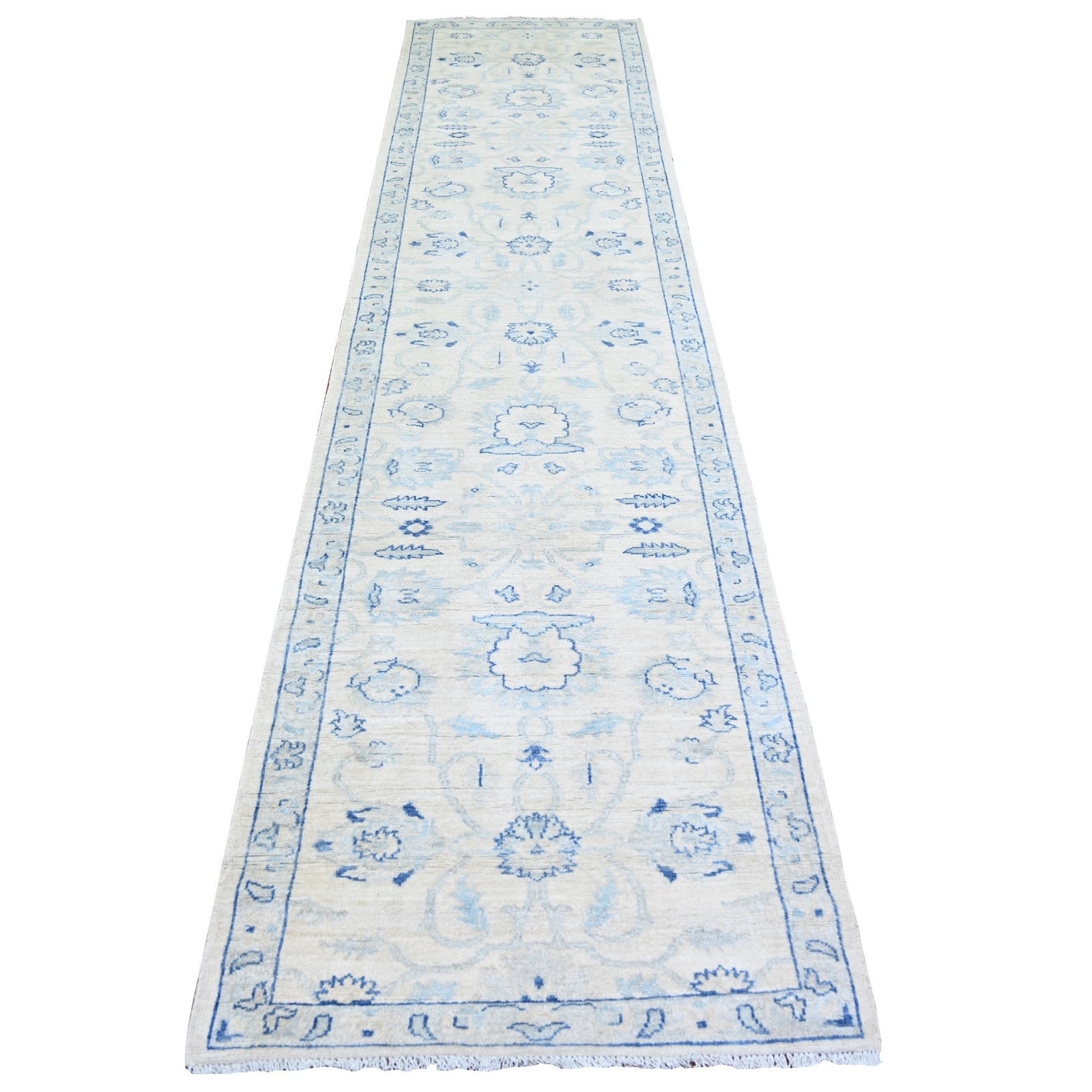 2’9″x11’9″ White Wash Peshawar Wool Hand Knotted Runner Oriental Rug R73945