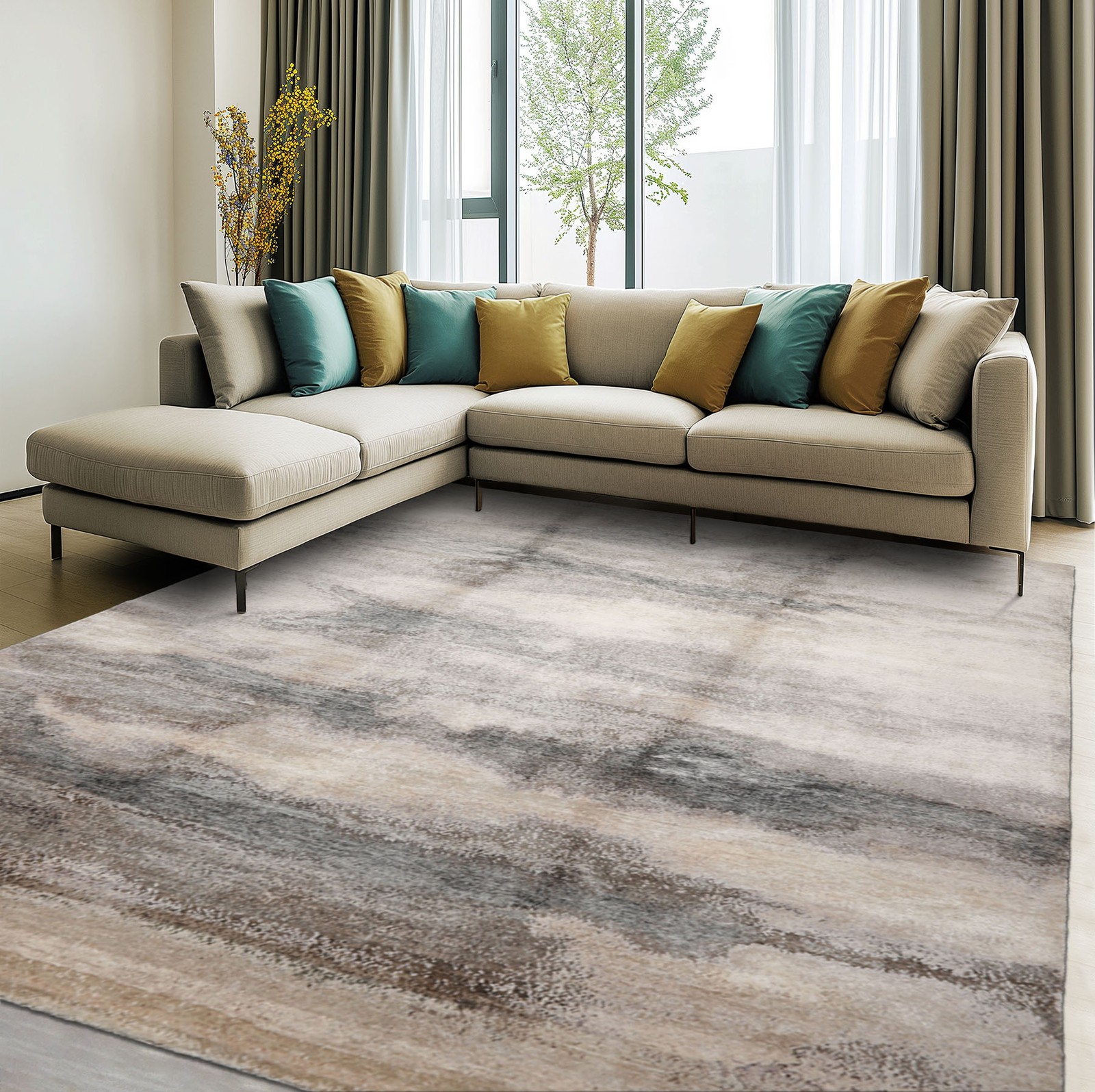 loomBloom 8×10 Beige, Gray Hand Knotted Tibetan Sherpa Abstract Wool & Silk Rug