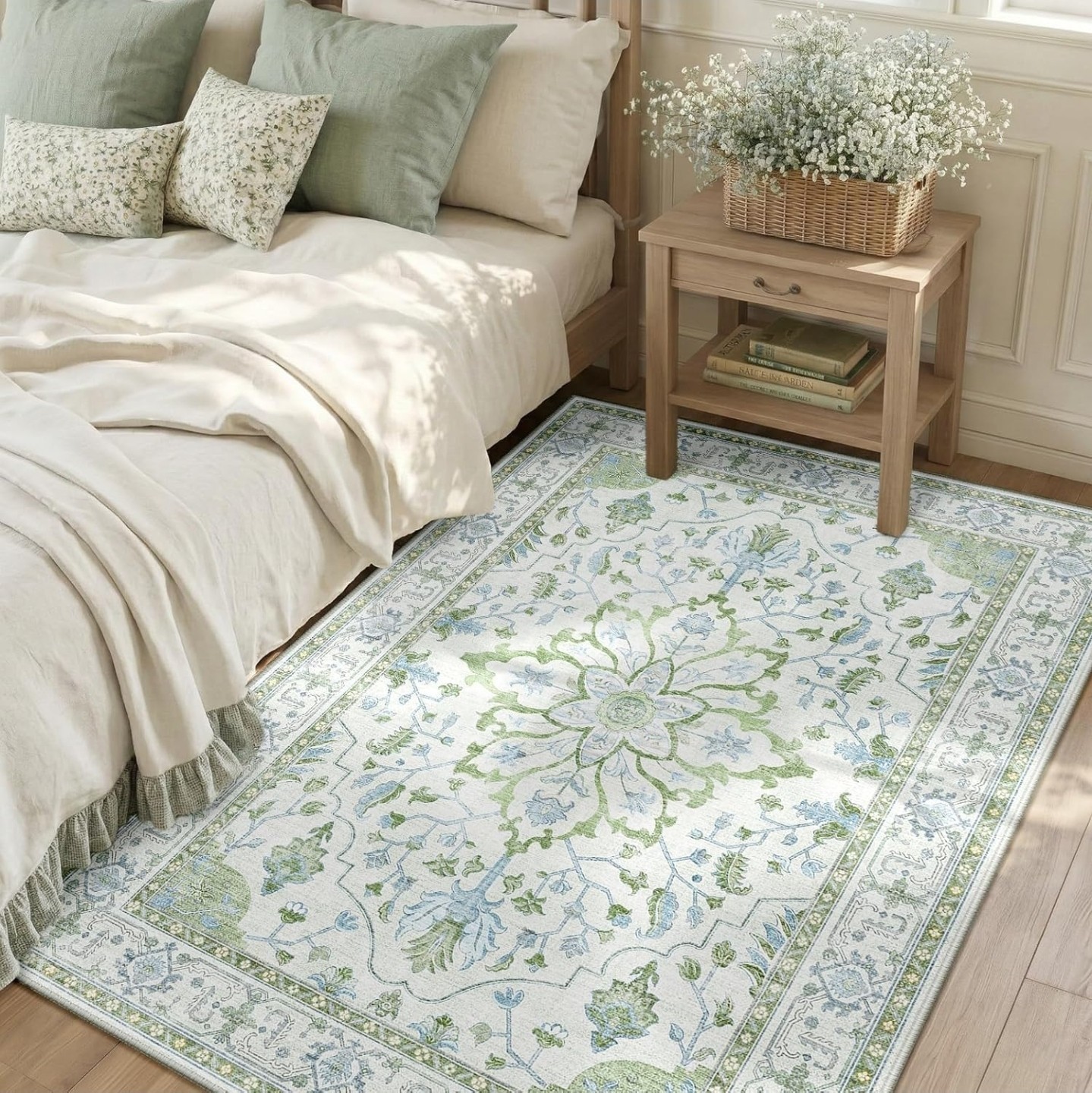 3×5 ft Washable Non Slip Green White Blue Floral Distressed Medallion Area Rug