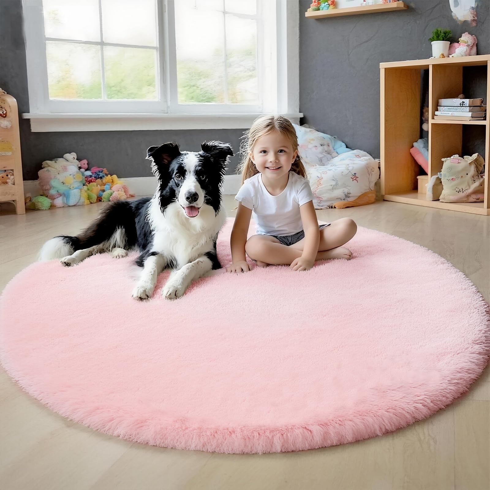 Pink 4×4 ft Round Solid Fluffy Area Rug Washable Non Slip High Pile Shag