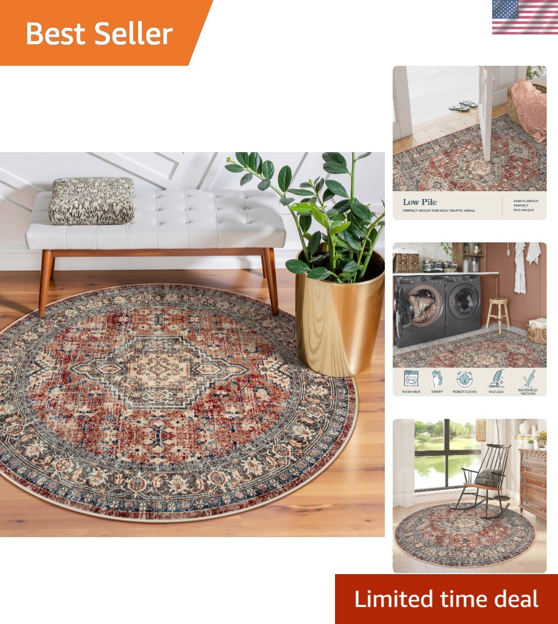 4Ft Round Vintage Area Rug Non Slip Washable Cherry Red Circle Carpet