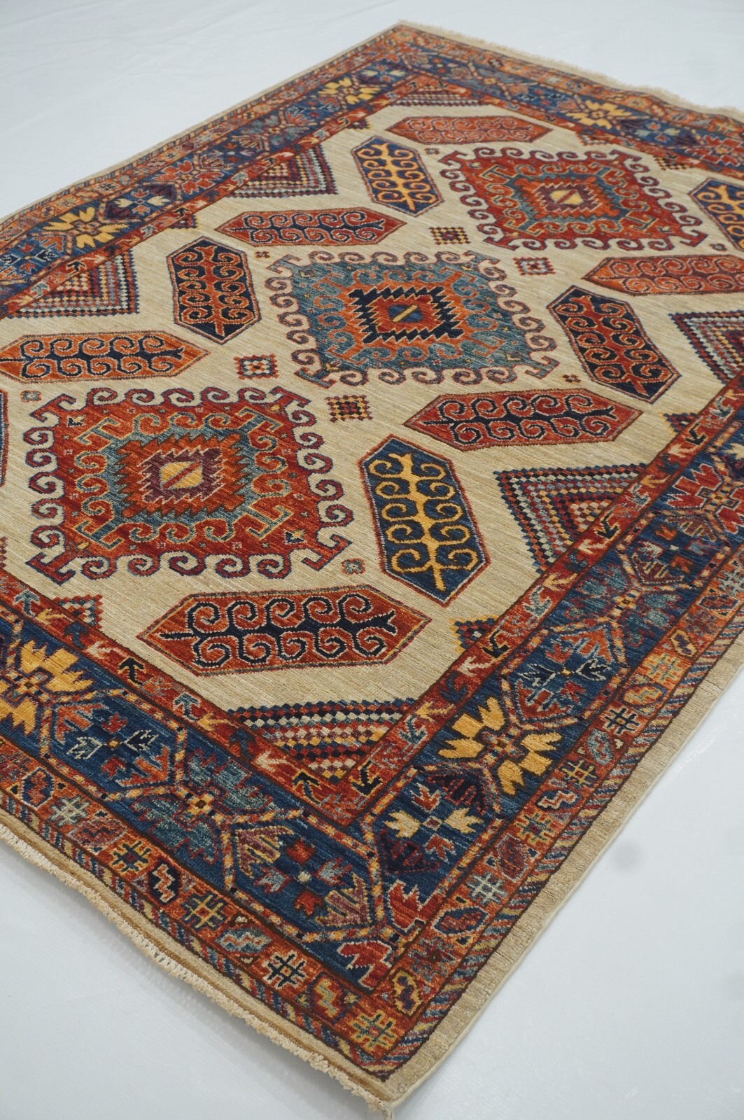 5×7 ft Beige Kazak Afghan Hand Knotted Wool Geometric Rug