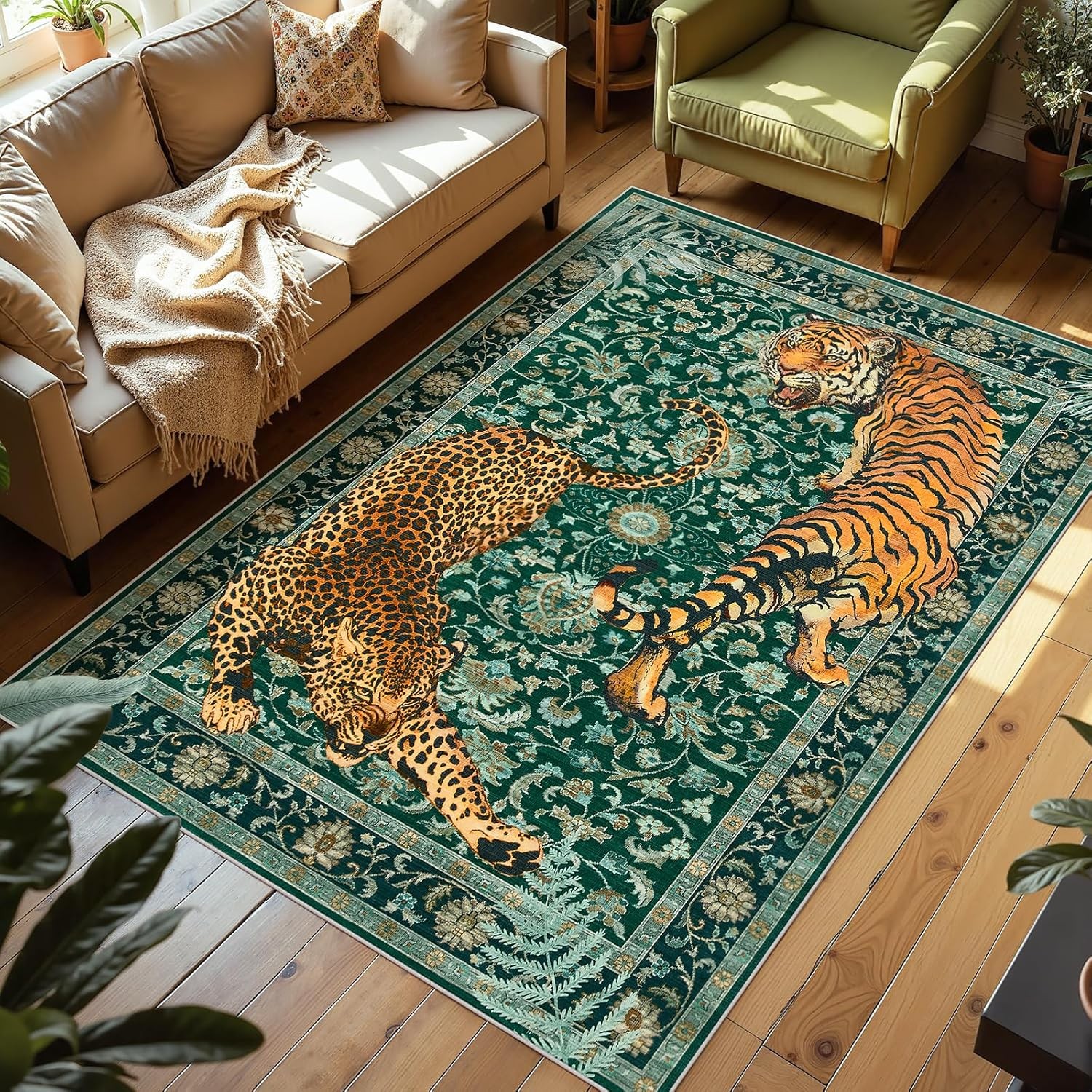 Tiger Print 5×7 Rug Green Cheetah Washable Carpet Mat