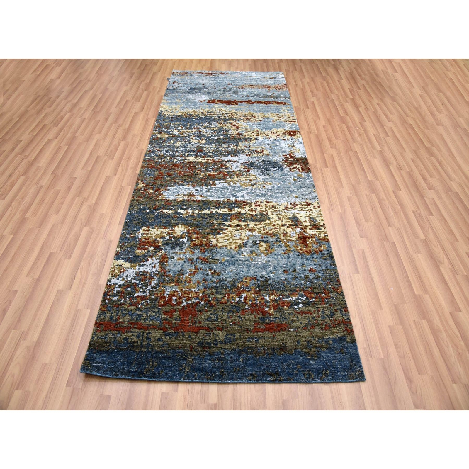 4’x10′ Black Coral Abstract Design Wool Hand Knotted Wide Runner Rug R83093