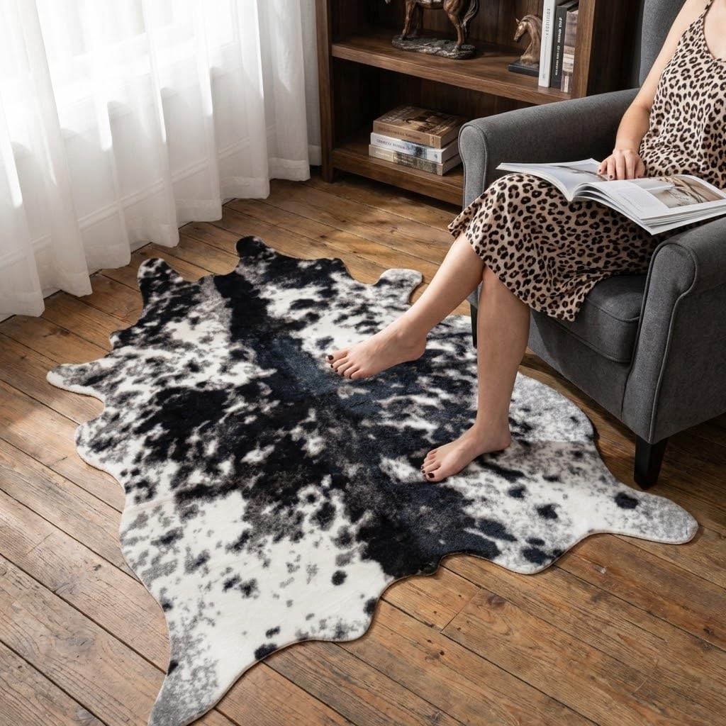 Faux Cowhide Rug Cow Print Western Area Bedroom Black White 2.6×4.1ft