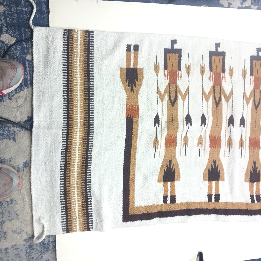 Imported Yei Wool Rug 5 figures Gold Brown White Cotton/Poly 60×27.5