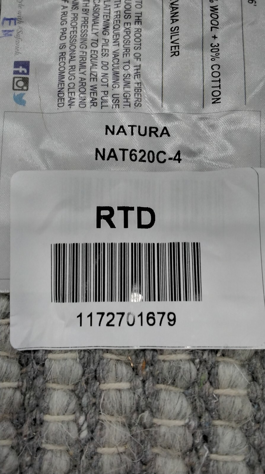 SILVER 4′ X 6′ Back Stain Rug, Reduced Price 1172701679 NAT620C-4