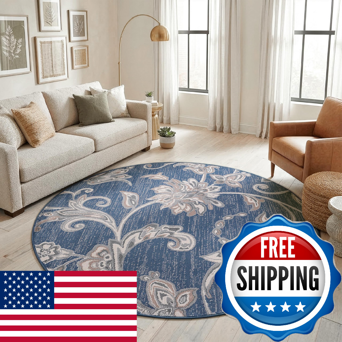 Tayse Navy Modern Large 8Ft Round Indoor Area Rugs For Living Room Dining Room