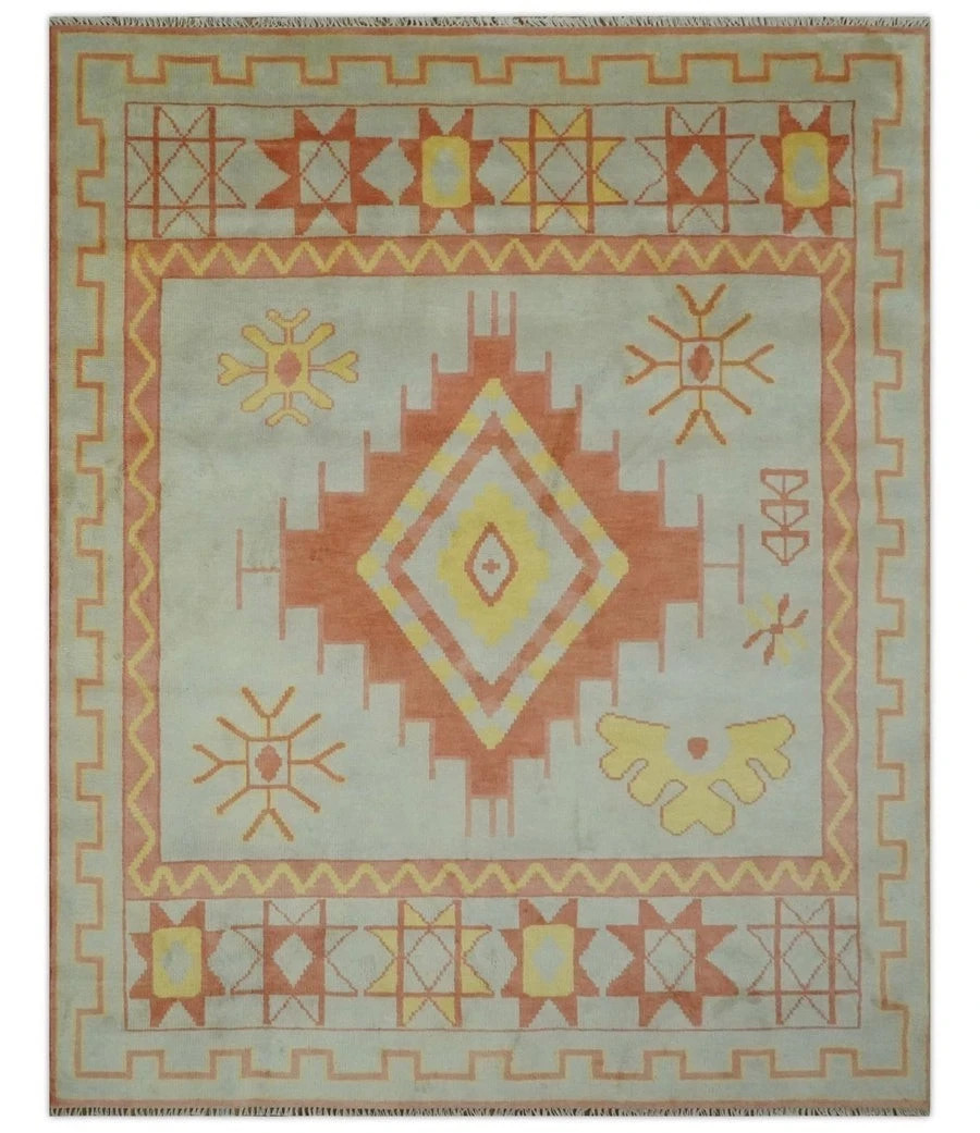 Hand Knotted Oushak Area Rug Wool Vintage Turkish Oriental Carpet Blue Rust
