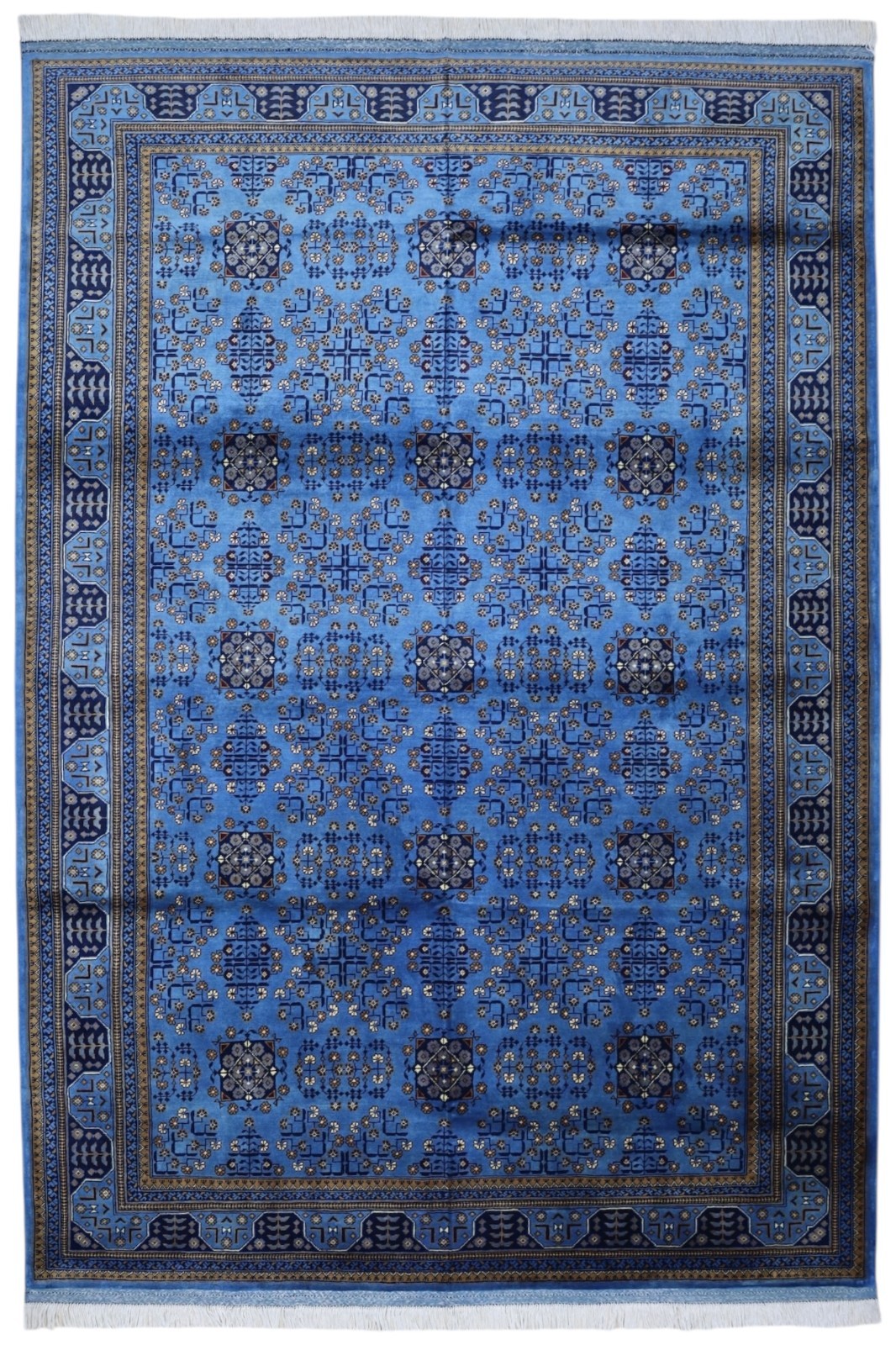 Hand-Knotted Bokharai Afghani Wool Rug | Blue 6’11” x 10’1″