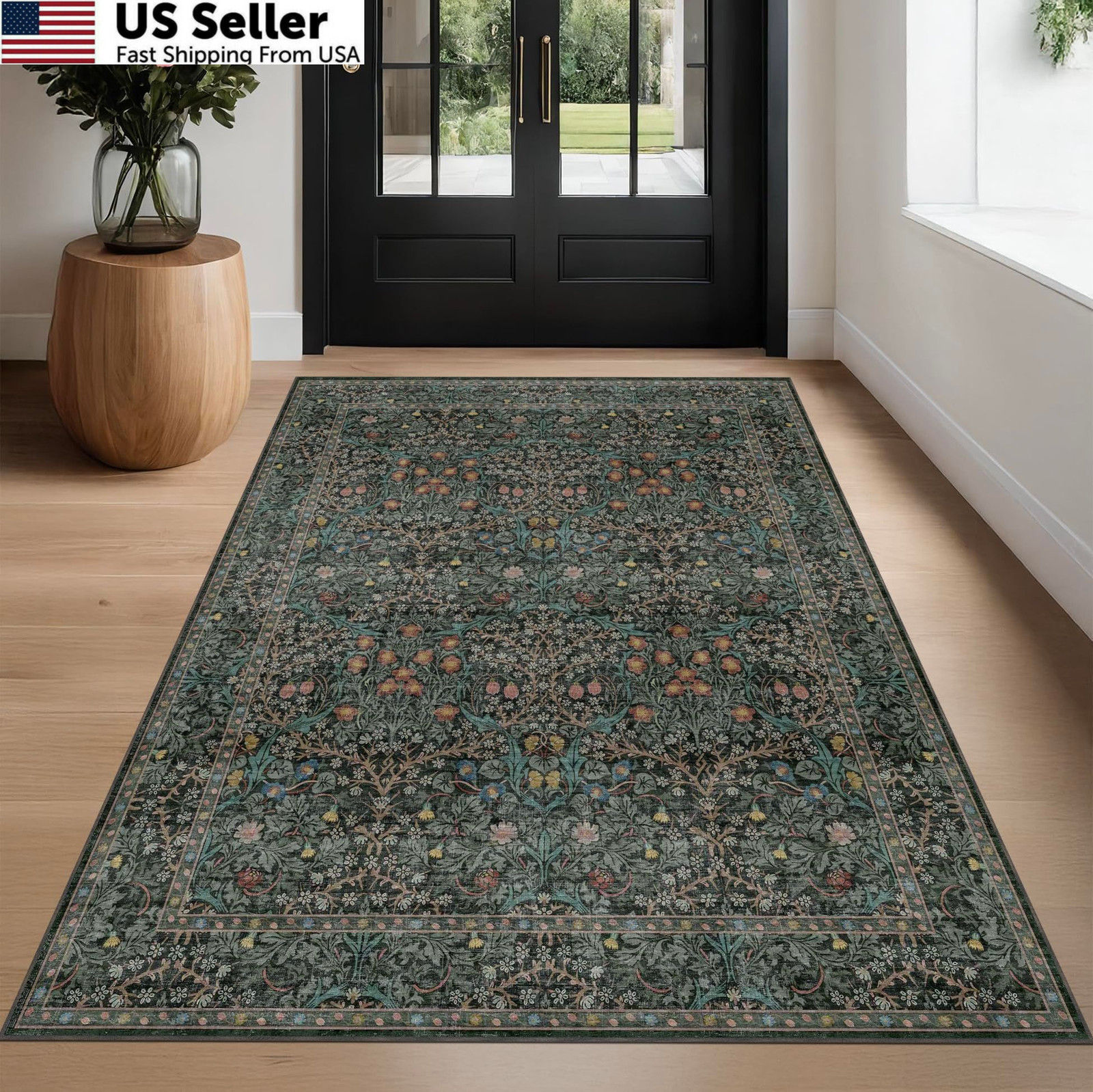 Dark Green Floral Living Room Rug 5′ x 7′ (Rectangular), / Black