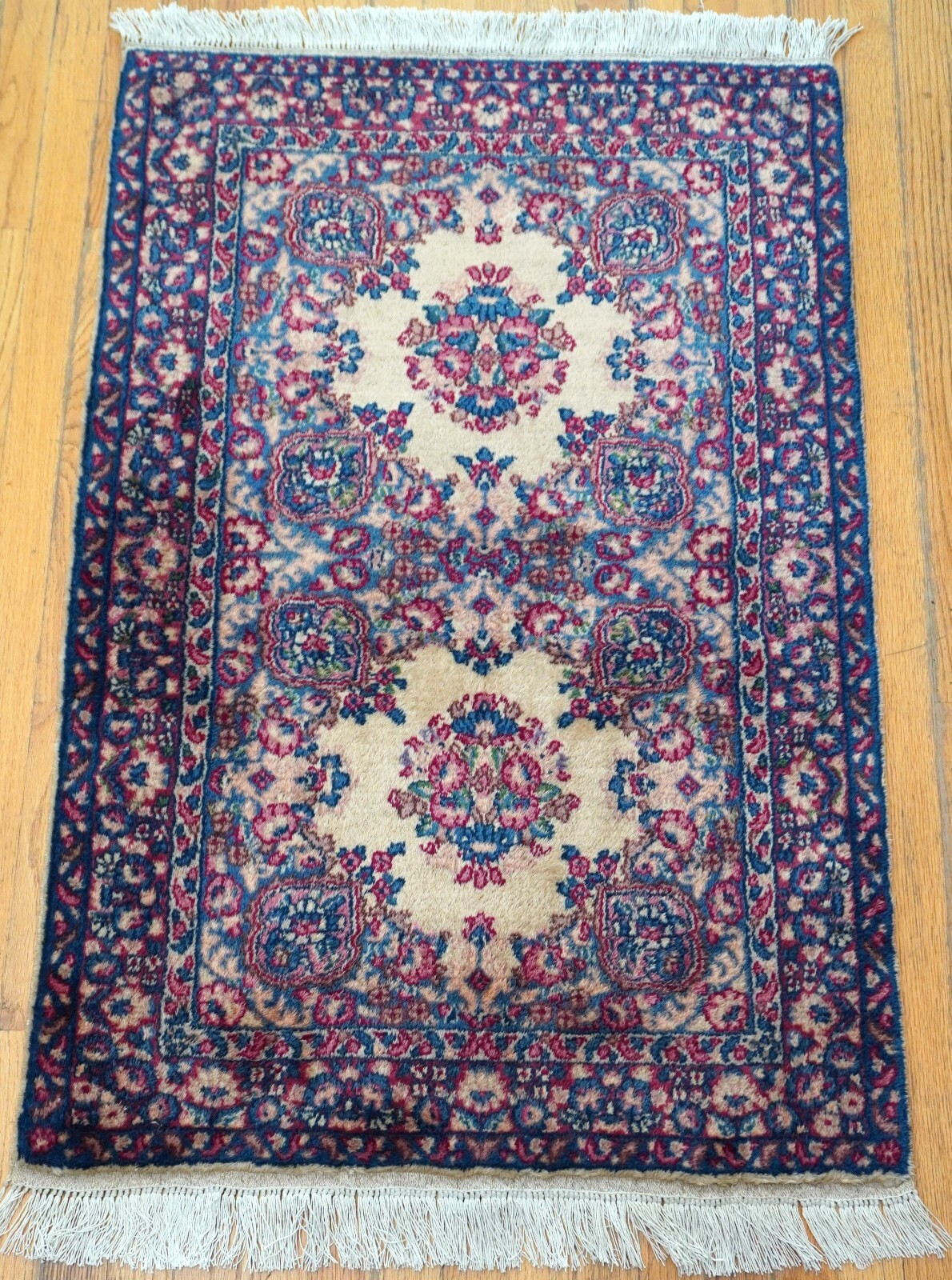 Lovely Antique Kermann 2’6″ x 4′ Hand Knotted Double Medallion Oriental Rug