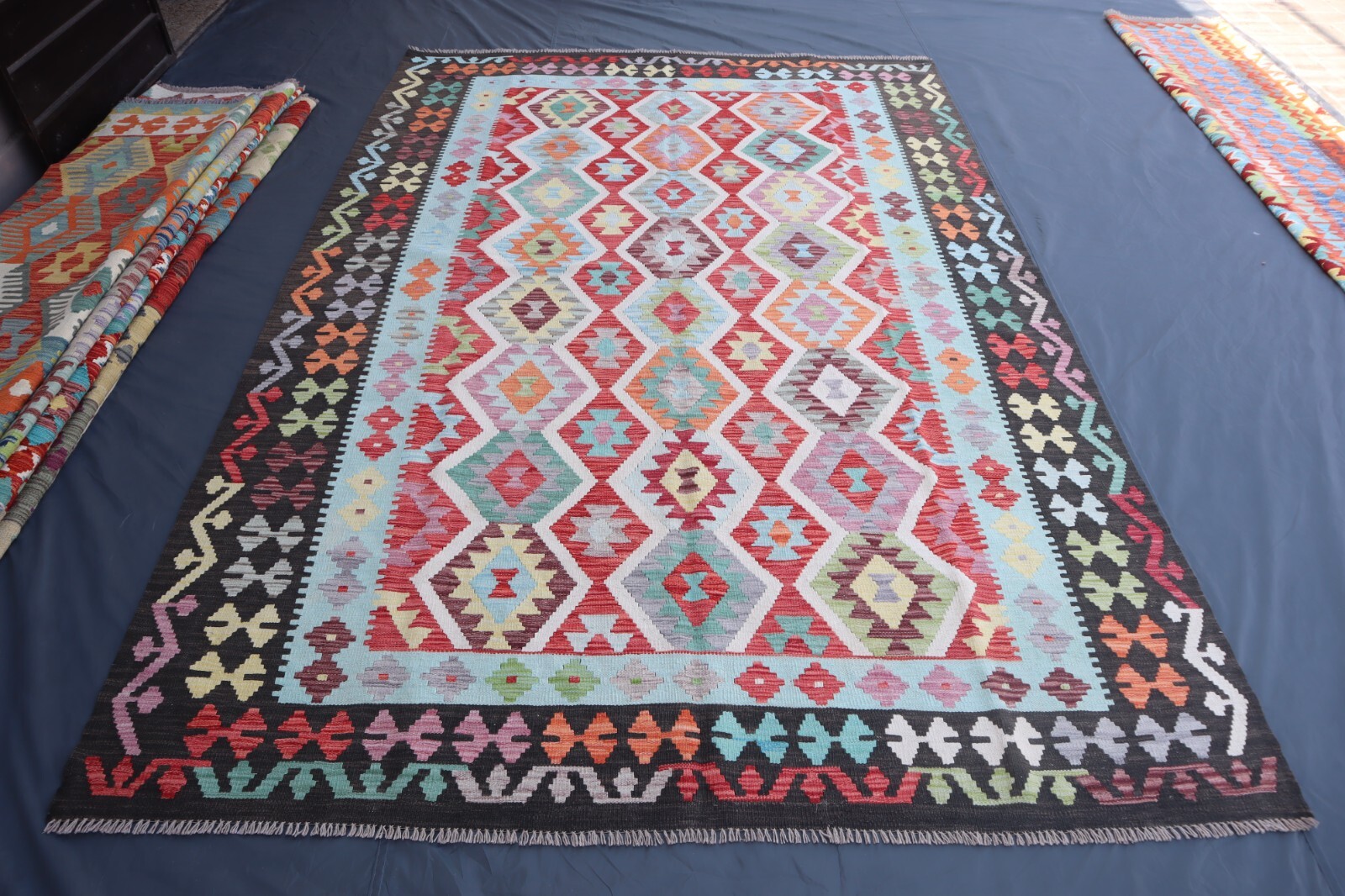 Turquoise Black Kilim Rug 7×10 ft Fine Flatweave Navajo Rug 7×10 Dining Room Rug