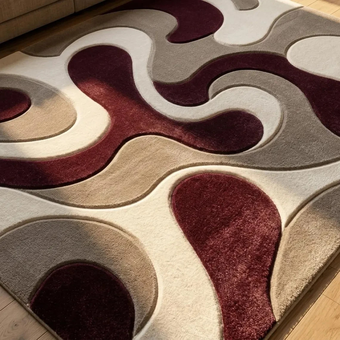 Hand Tufted Abstract Burgundy Beige Wool Rug, Modern Living Room Area Rug Carpet