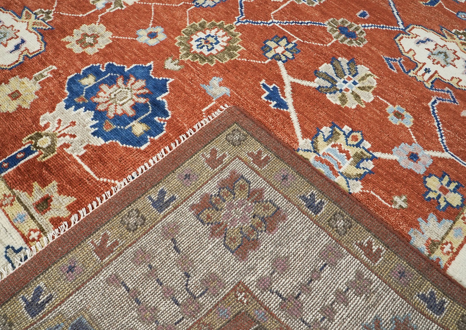 9’1”x12’2” Hand Knotted Wool Burnt Orange, Ivory Oushak Arts & Crafts Rug