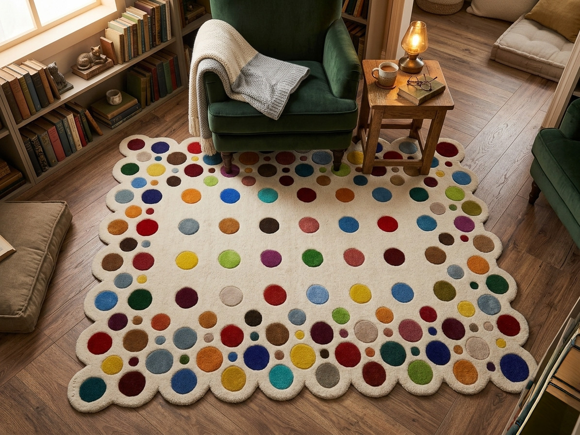 Handmade Tufted Colorful Polka Dot Wool Rug Vibrant Scalloped Edge Nursery Play