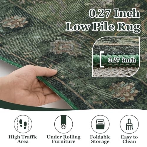 Vintage Dark Green Area Rugs 5×7 for Living Room, Tranditional Distressed