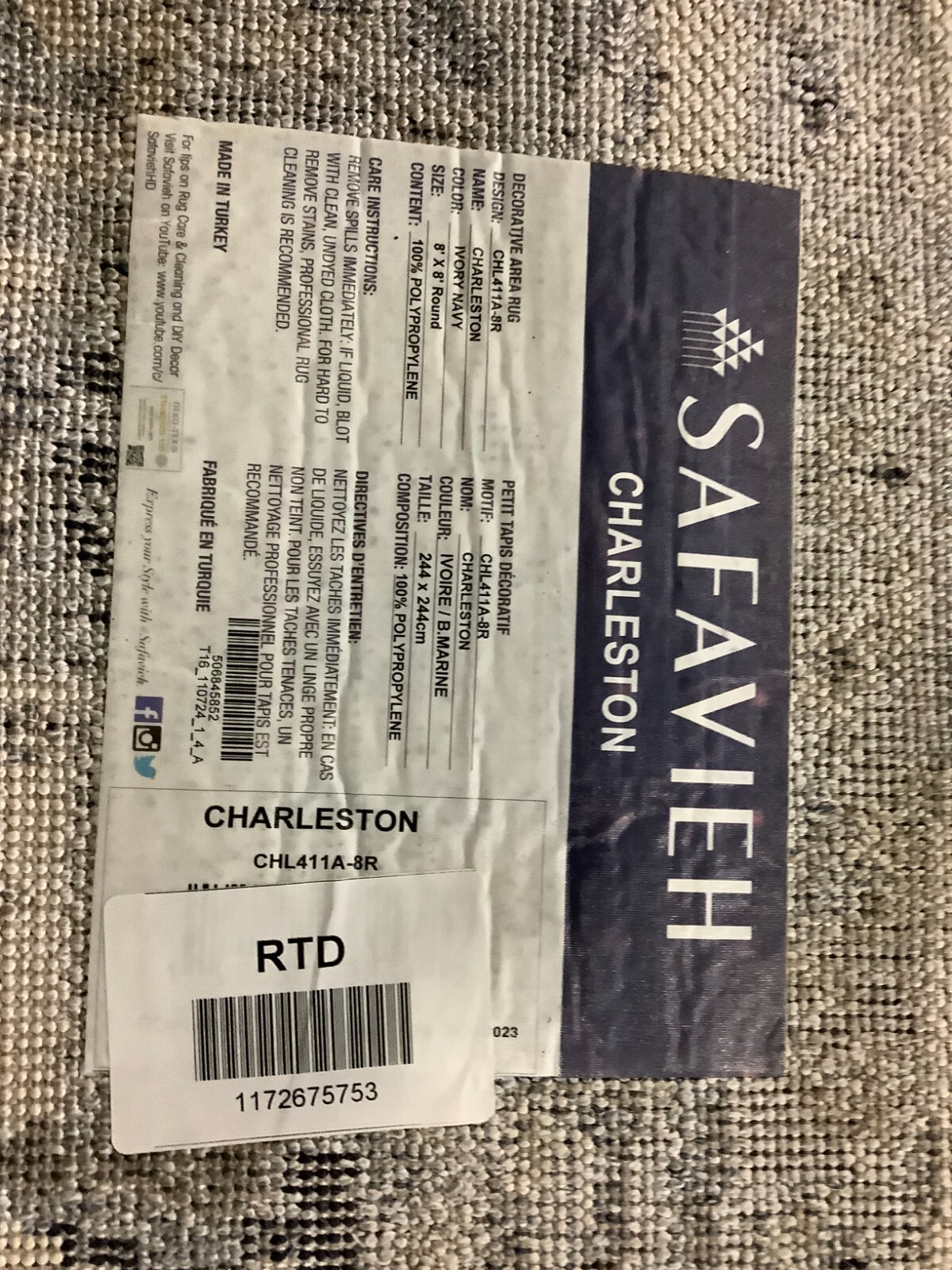 IVORY / NAVY 8′-0″ x 8′-0″ Flaw in Rug, Reduced Price 1172675753 CHL411A-8R