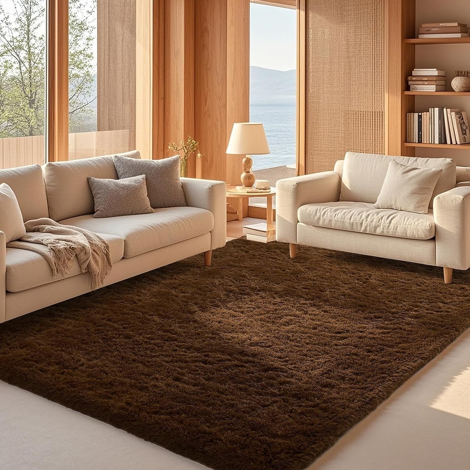 Fluffy Area Rugs Soft Shag Plush Brown Carpet Mat for Living Room Bedroom Floor