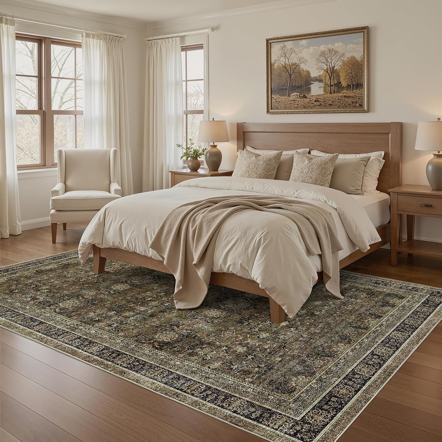 9×12 Living Room Rug: Vintage Boho Modern Moody Retro Antique Dark Carpet,