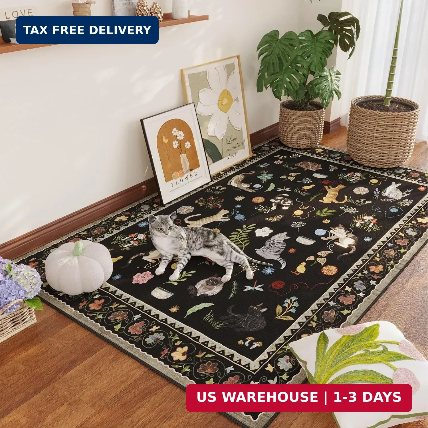 Rugcomf Area Rug 4×6 Rug Washable Boho Rugs Non Slip Low Pile Floral Animal Cat