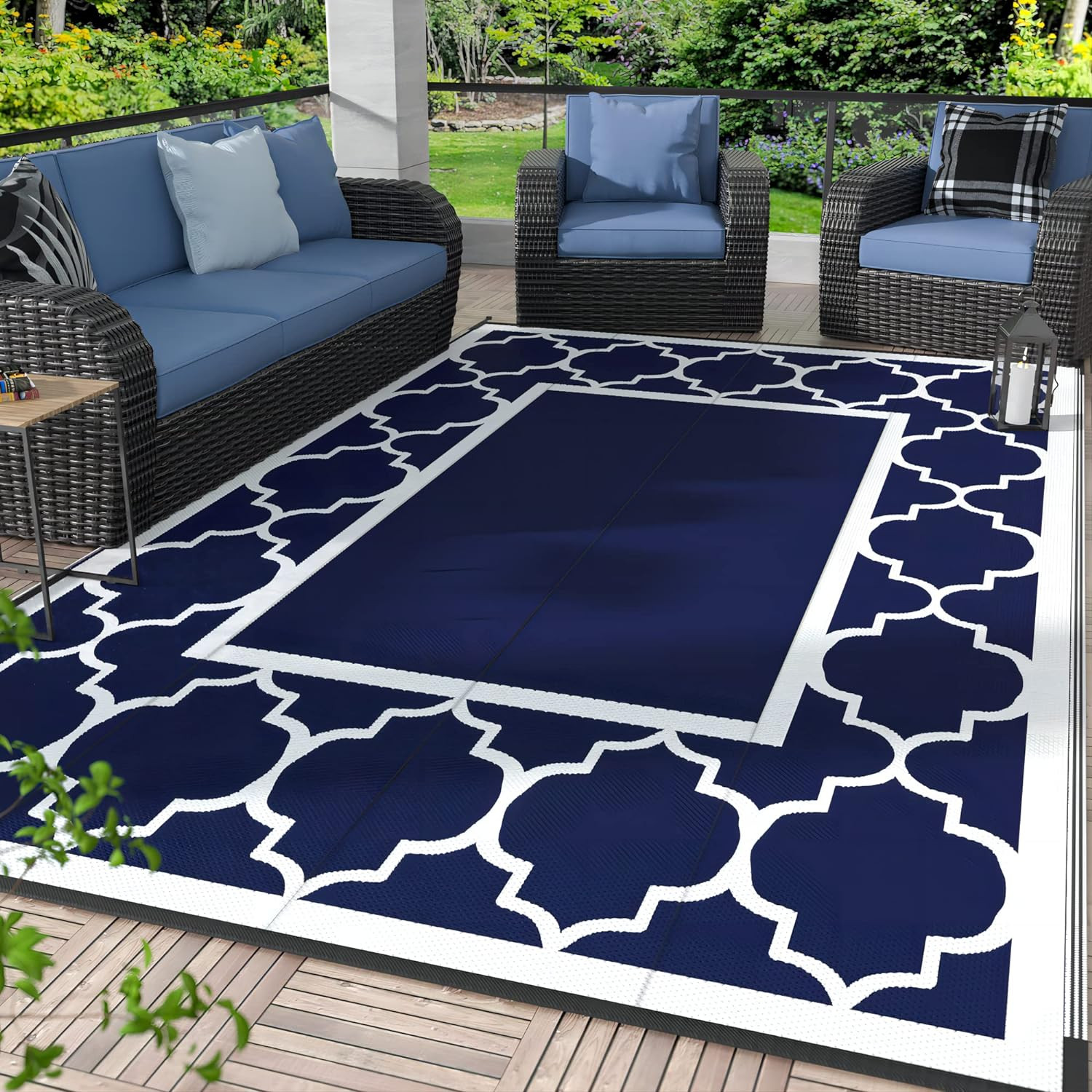5×8 Outdoor Rug Waterproof Reversible Patio RV Camping Deck Picnic Blue White
