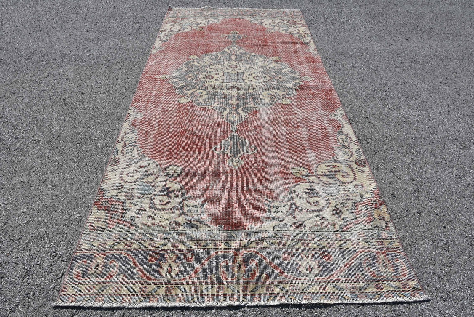 Vintage Turkish Rug, 4,6×11,3 ft Rug, Red Gray Camouflage Wool Rug