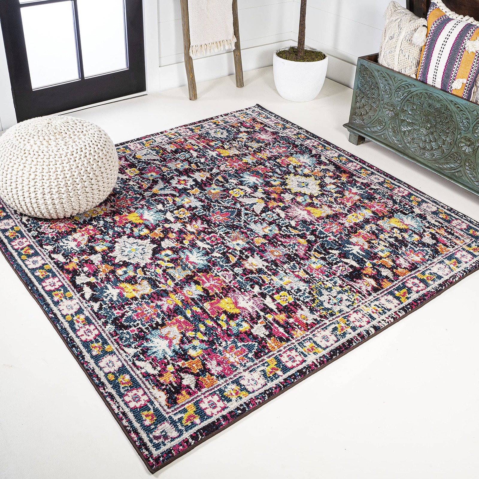 Jonathan Y Modern Boho Floral Multi/Purple 5X5 Square Indoor Area Rug Bohemian
