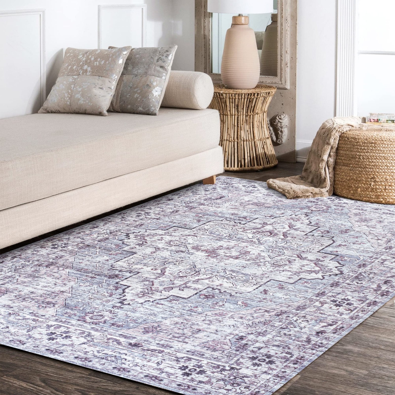 Machine Washable Gray/Purple Indoor Area Rug 4X6 ft, Didim Boho Medallion for…