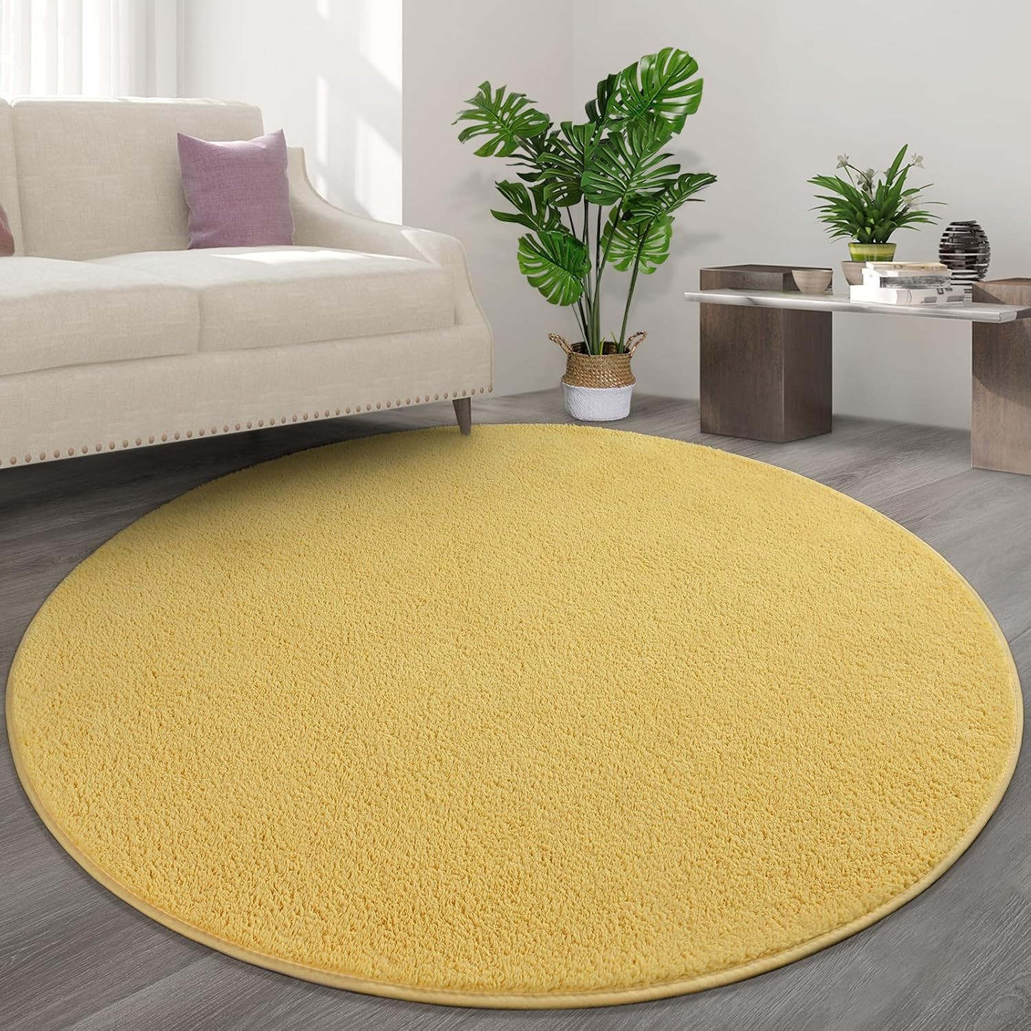 round Area Rugs for Bedroom Living Room, 4X4 Yellow Super Soft Comfy