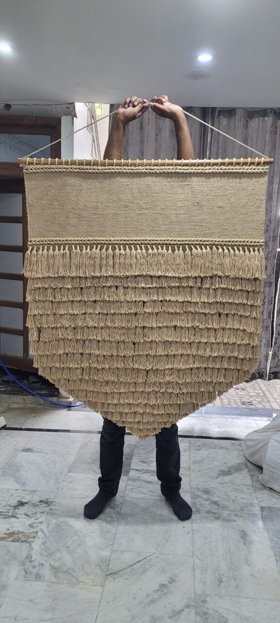 Wall hanging carpet,material,jute and visscose silk and wood rod for living room