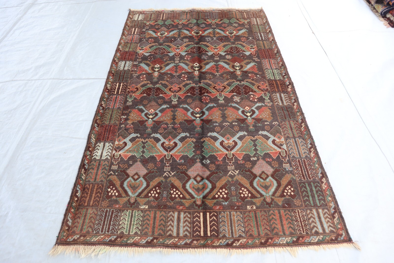 3’8×6’5 ft, Gray Afghan High Pile Geometric Rug, Fine Handmade Bohemian Area Rug