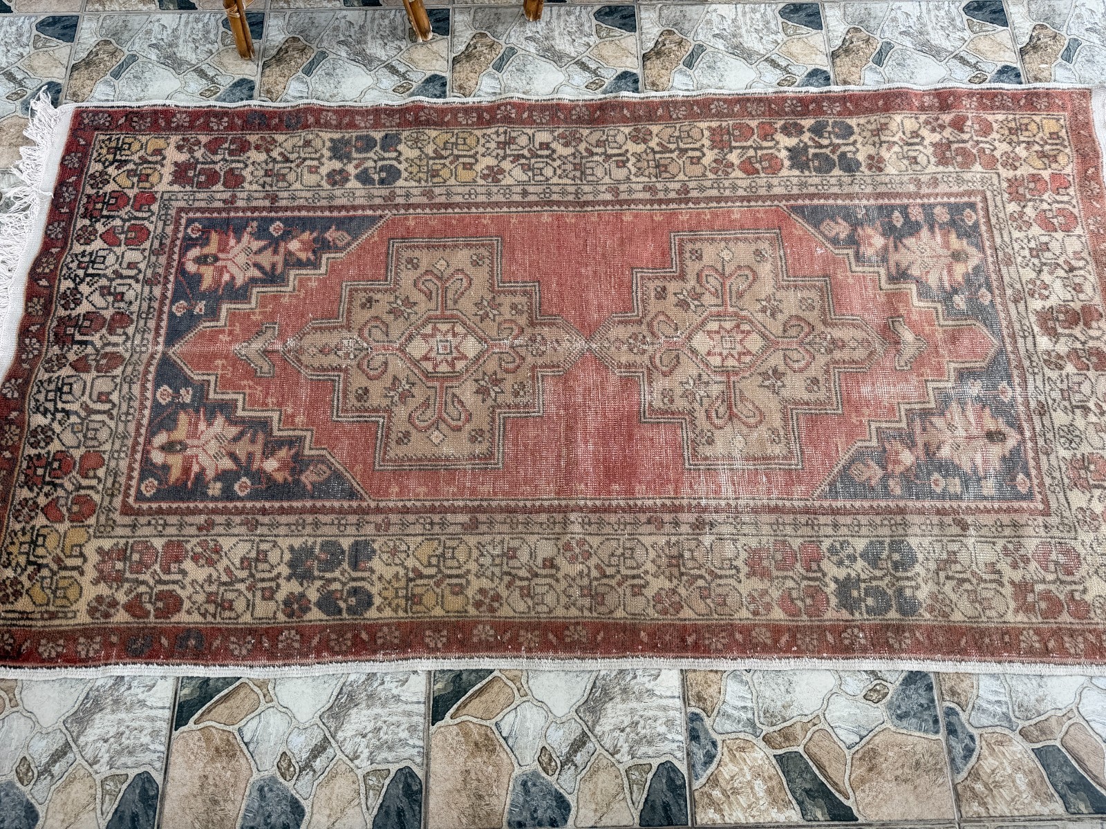 1970s Vintage Turkish Oushak Rug, Tribal Handmade Geometric Area Carpet 4×8 ft