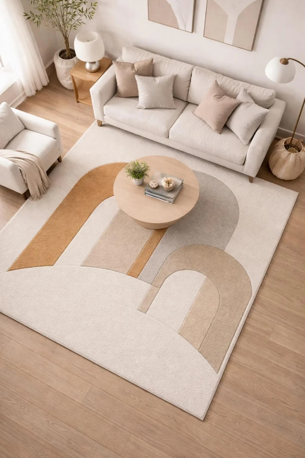 Hand Tufted Wool Arch Rug, Sculpted Neutral Living Room Area Rug Handmade Carpet