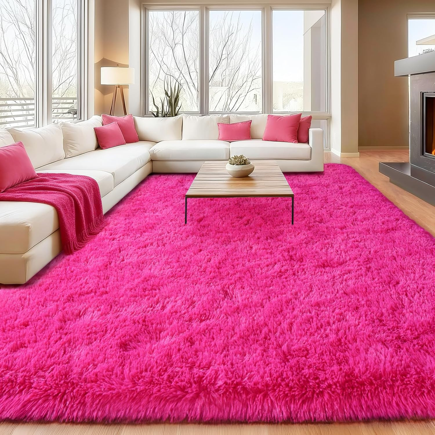 Soft Shaggy for Bedrooms, Hot Pink Area Rug, Fluffy Rugs for Living Room, Cozy F