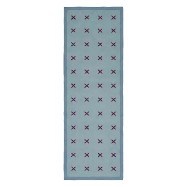 Handwoven Scandinavian Cross Wool Rug Blue Burgundy Minimalist Nordic Geometric