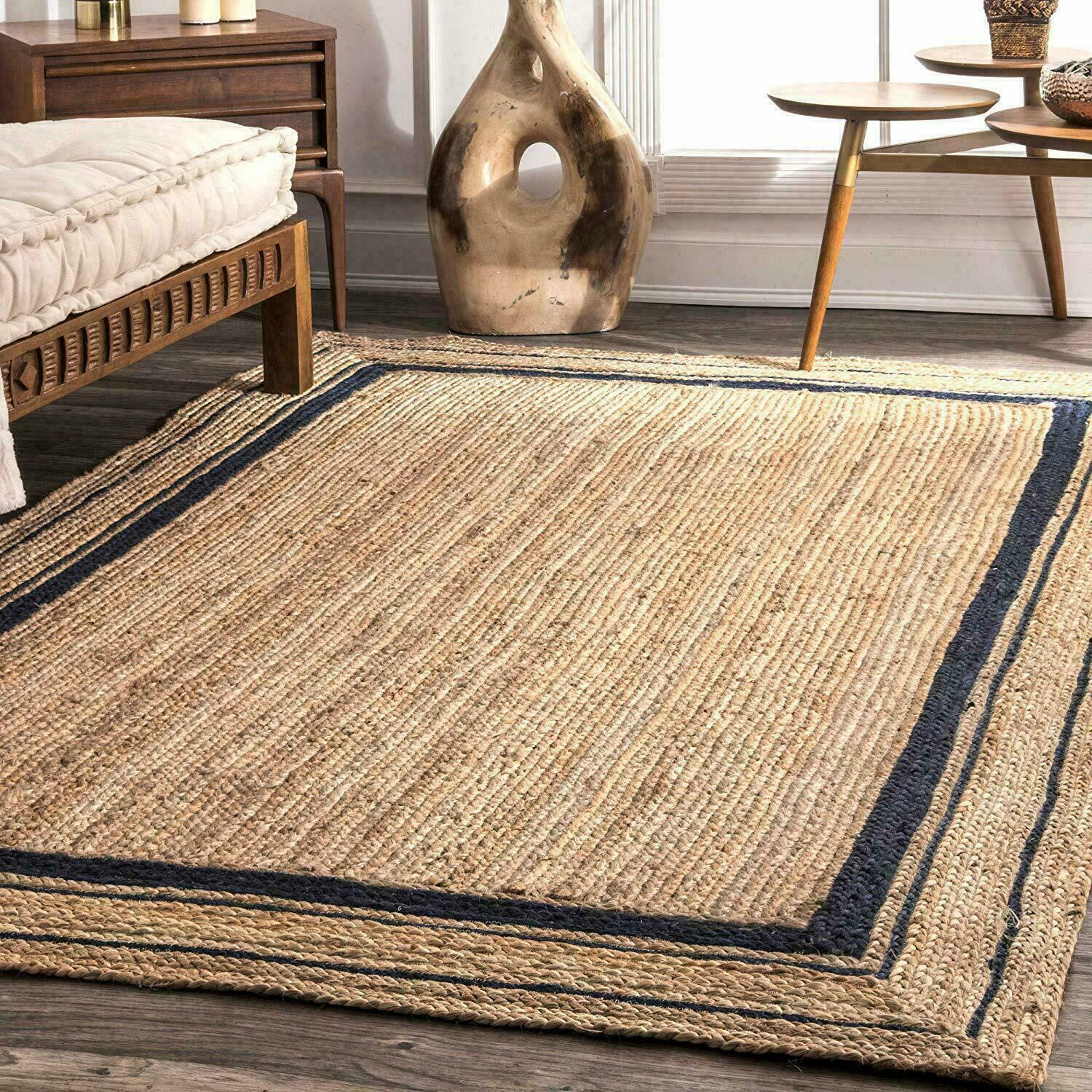 Rug Jute Rectangle Beige with Black Hand Braided Farmhouse Area Rug Rustic Look