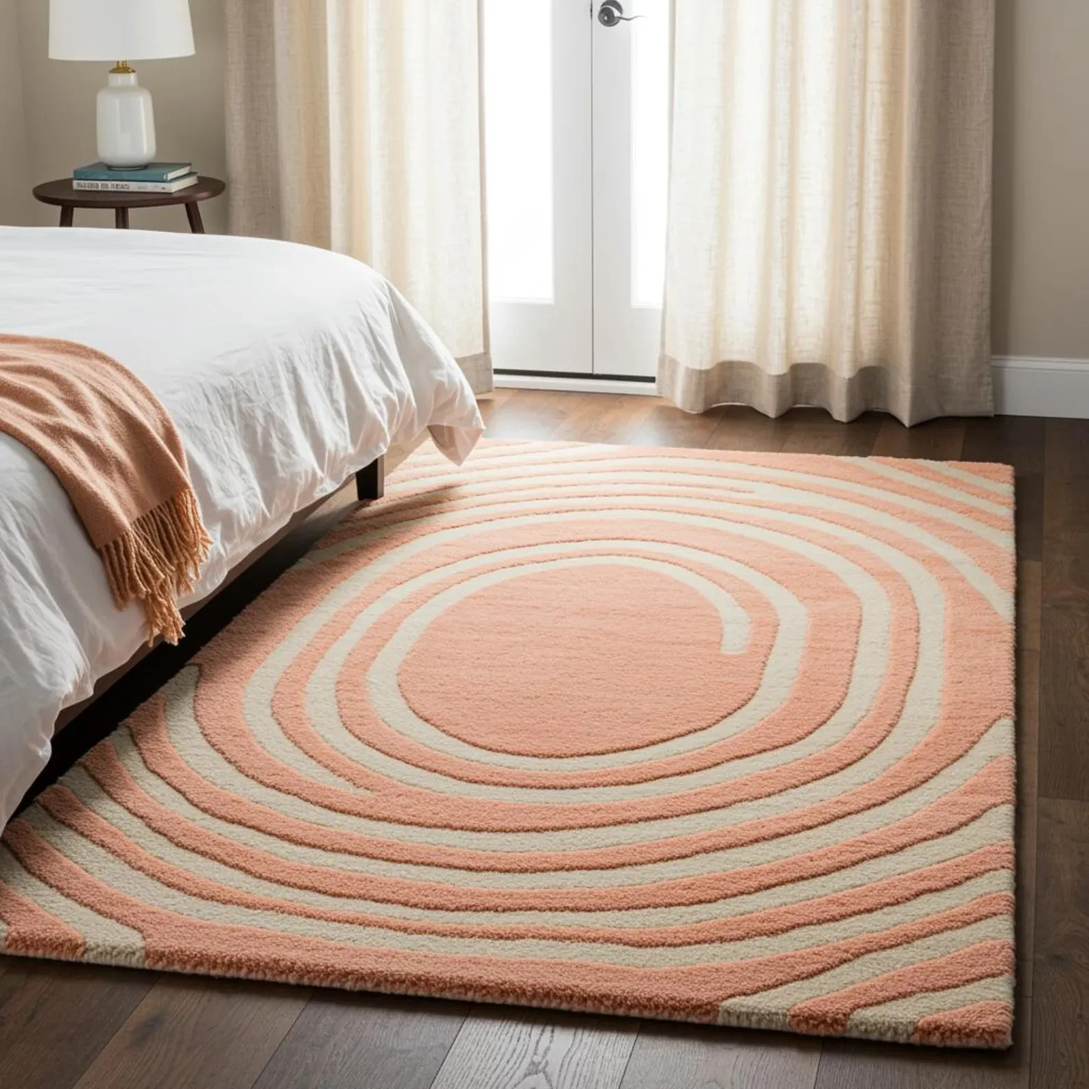 Abstract Swirl Wool Area Rug: Peach and Beige, Modern High Pile Carpet Rug
