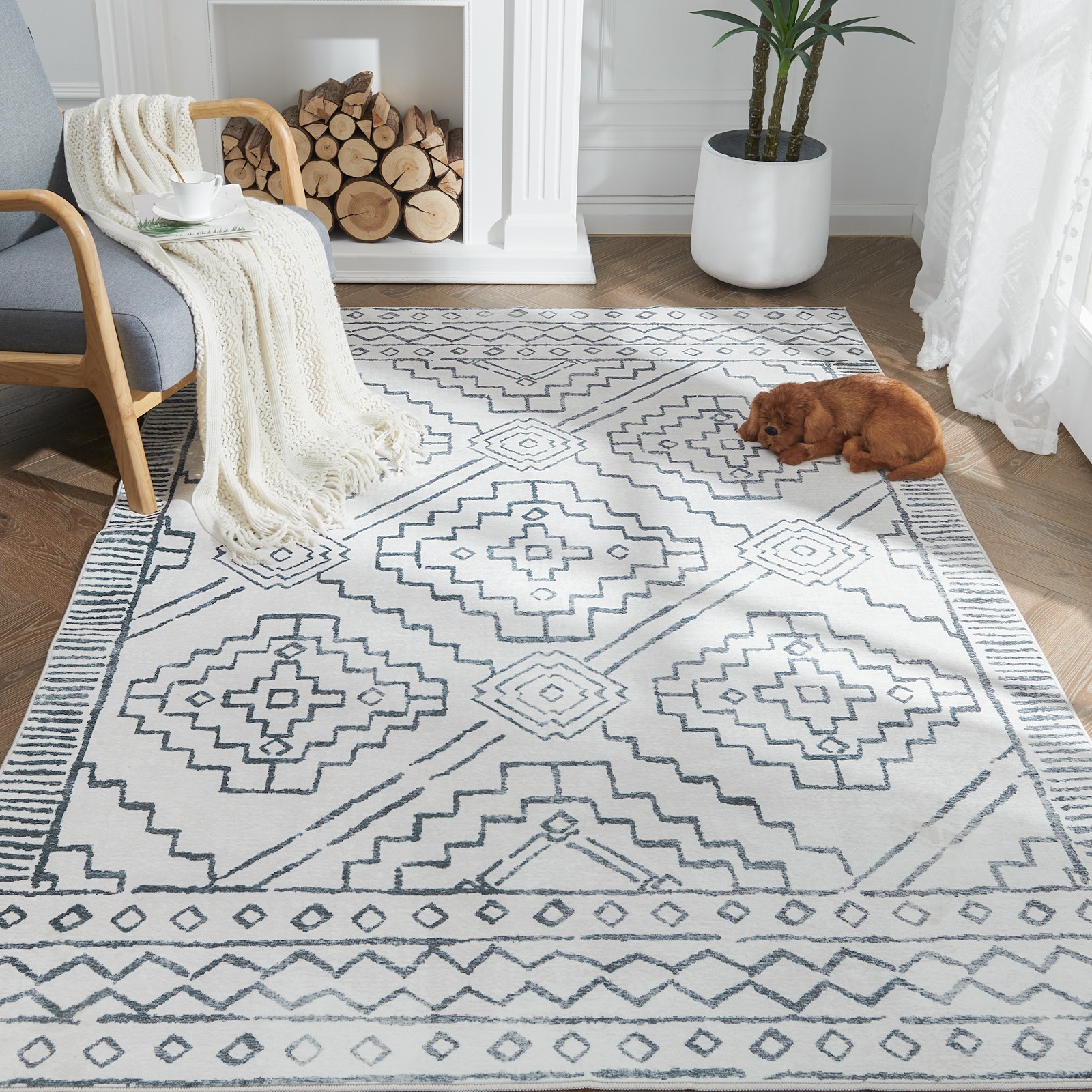 5×7 Moroccan Geometric Area Rug Washable Non-Slip Bedroom Indoor Dark Gray