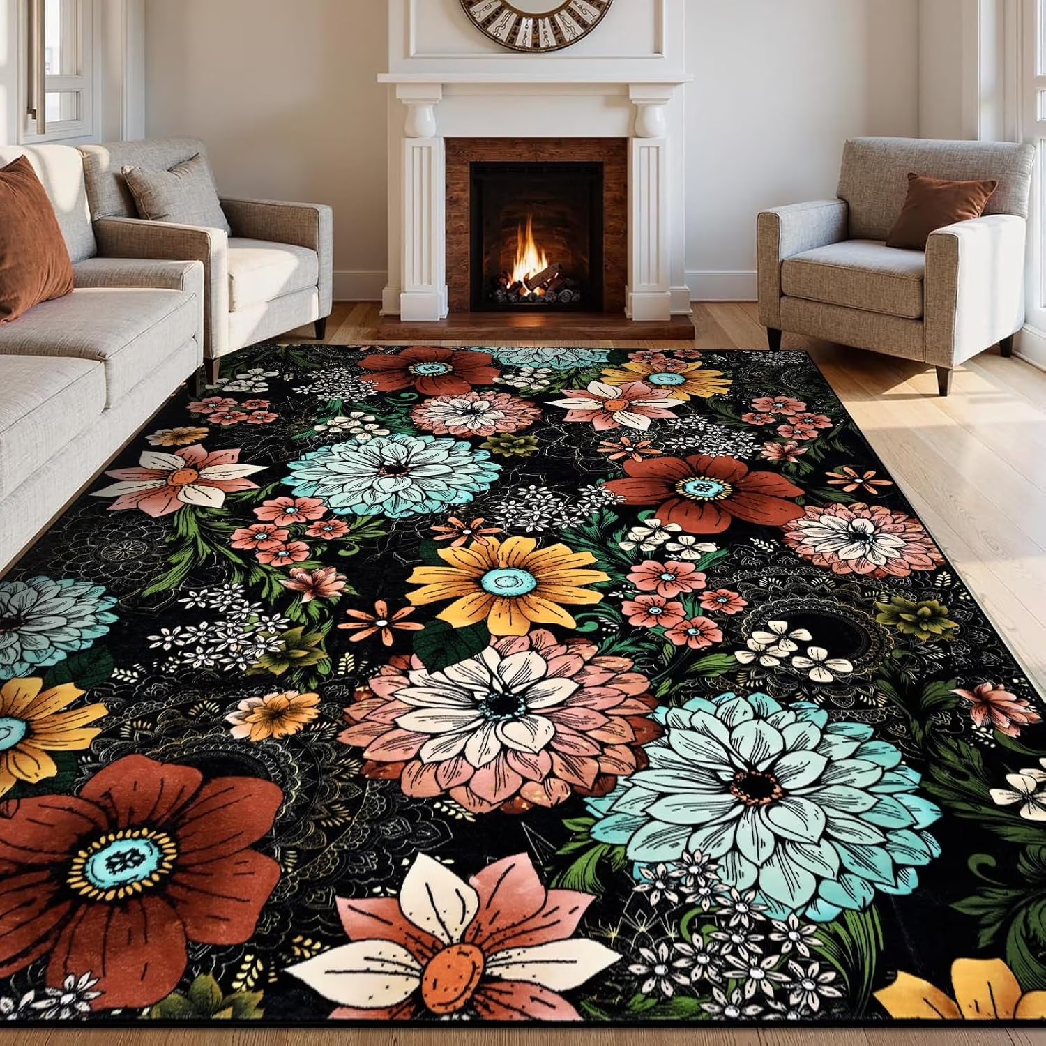 Boho Floral Area Rugs for Living Room 5X7, Washable Soft Faux Wool Rug Carpet fo