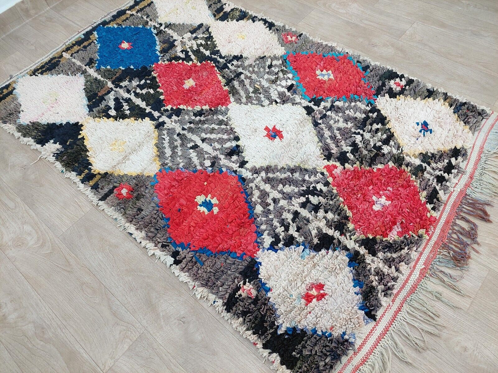 Moroccan Vintage Rug 4×7 Ft Handmade Berber Grey Black Red Geometric Azilal Rug