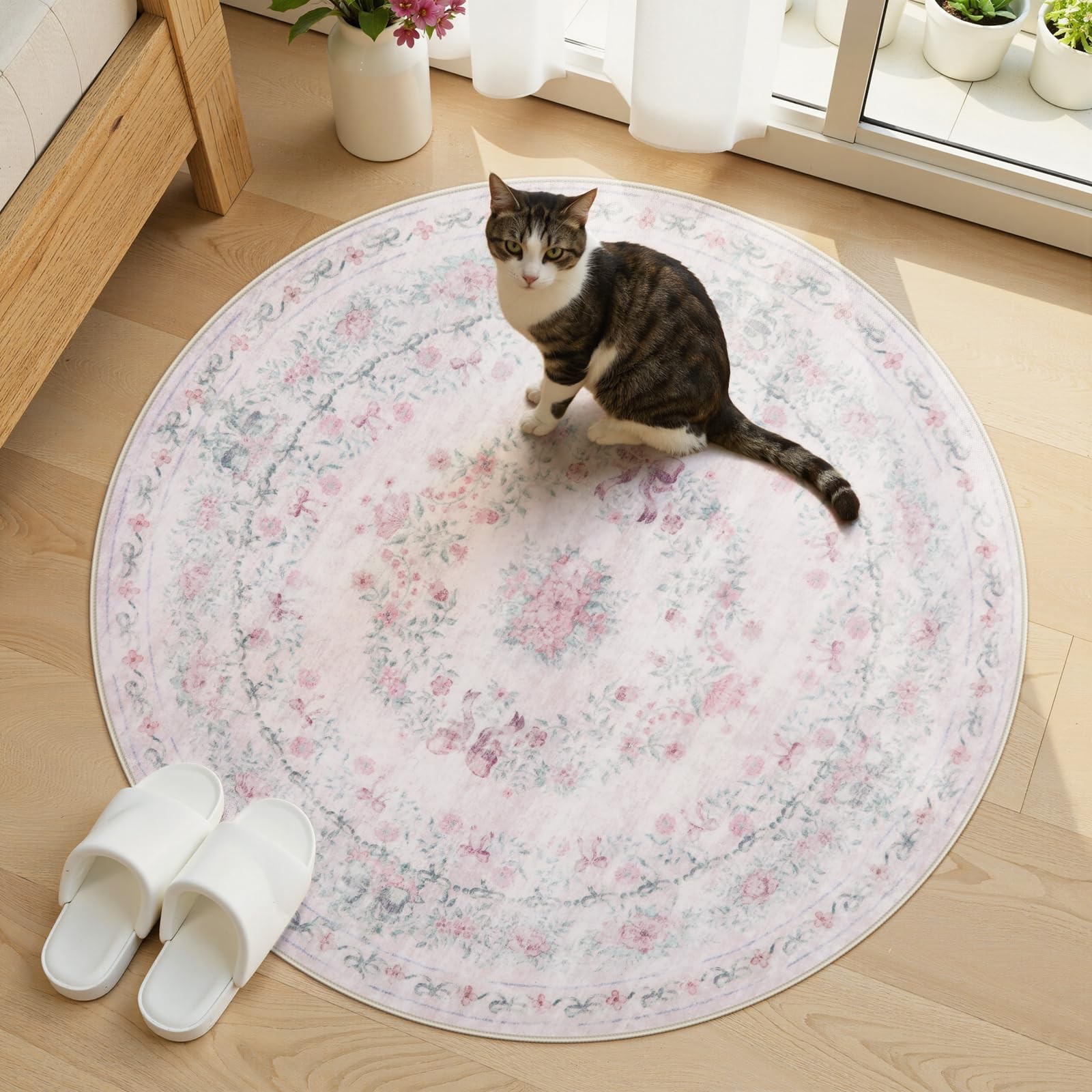 Wonnitar Bow Print Washable 4ft Round Rug, Pink Circle Rug for Girl Nursery Deco