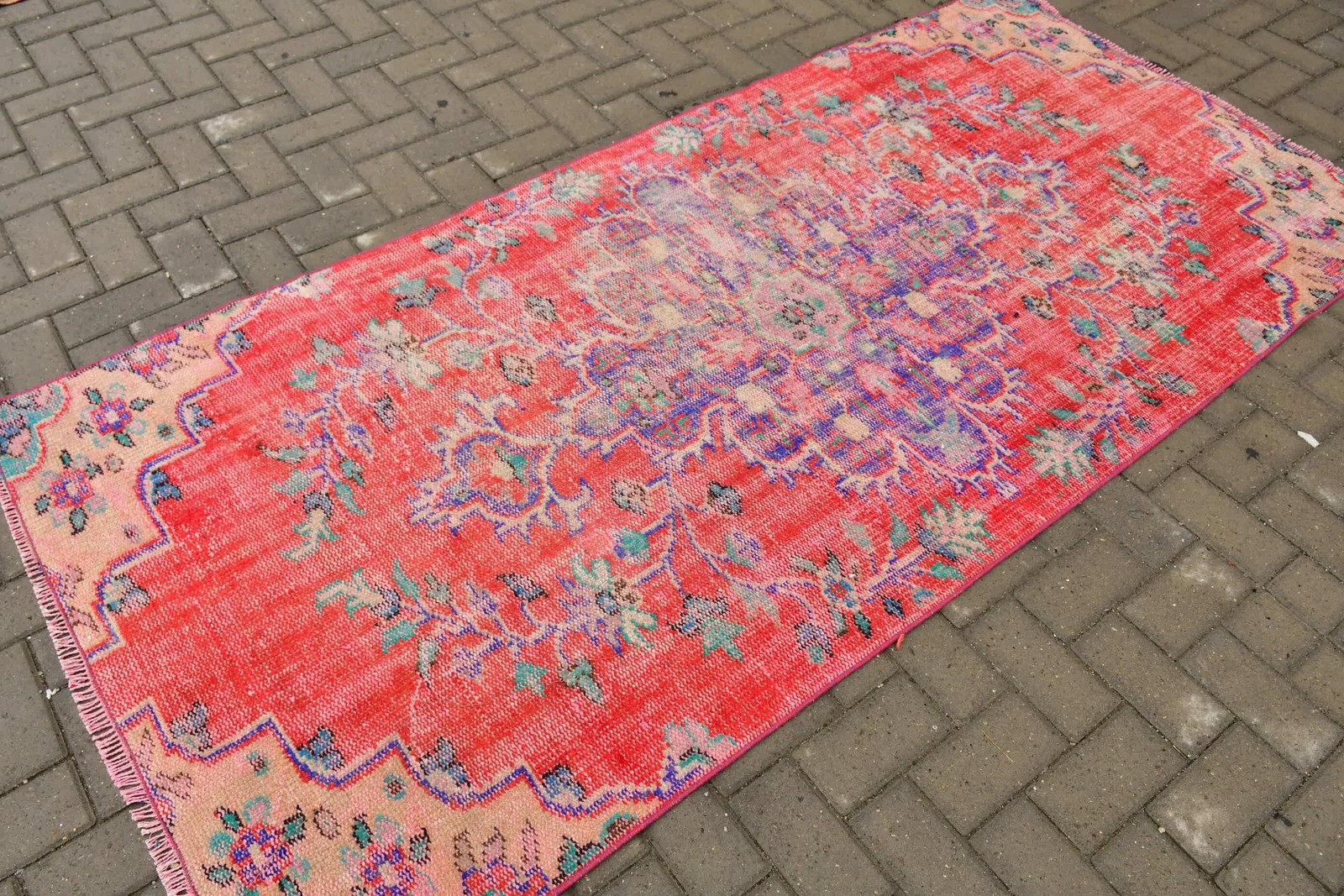 Vintage 3,7×7,8 ft Rug, Area Turkish Rug, Red Blue Ikat Wool Rug